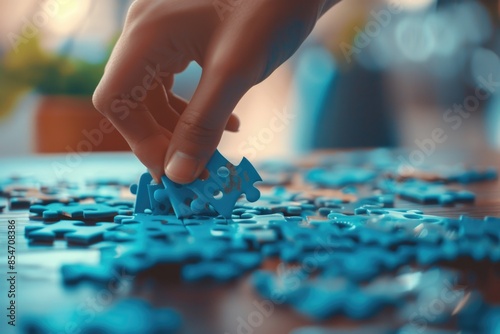 A hand carefully places a blue puzzle piece into its spot on a wooden table.
