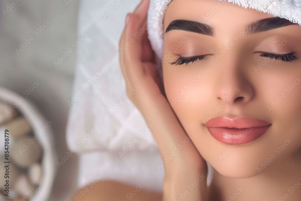 Woman relaxing with a serene expression during a luxurious facial spa treatment Woman relaxing with a serene expression during a luxurious facial spa treatment