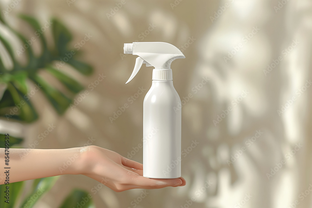 Close-up of a hand holding a white spray bottle for skincare or cleaning products Close-up of a hand holding a white spray bottle for skincare or cleaning products
