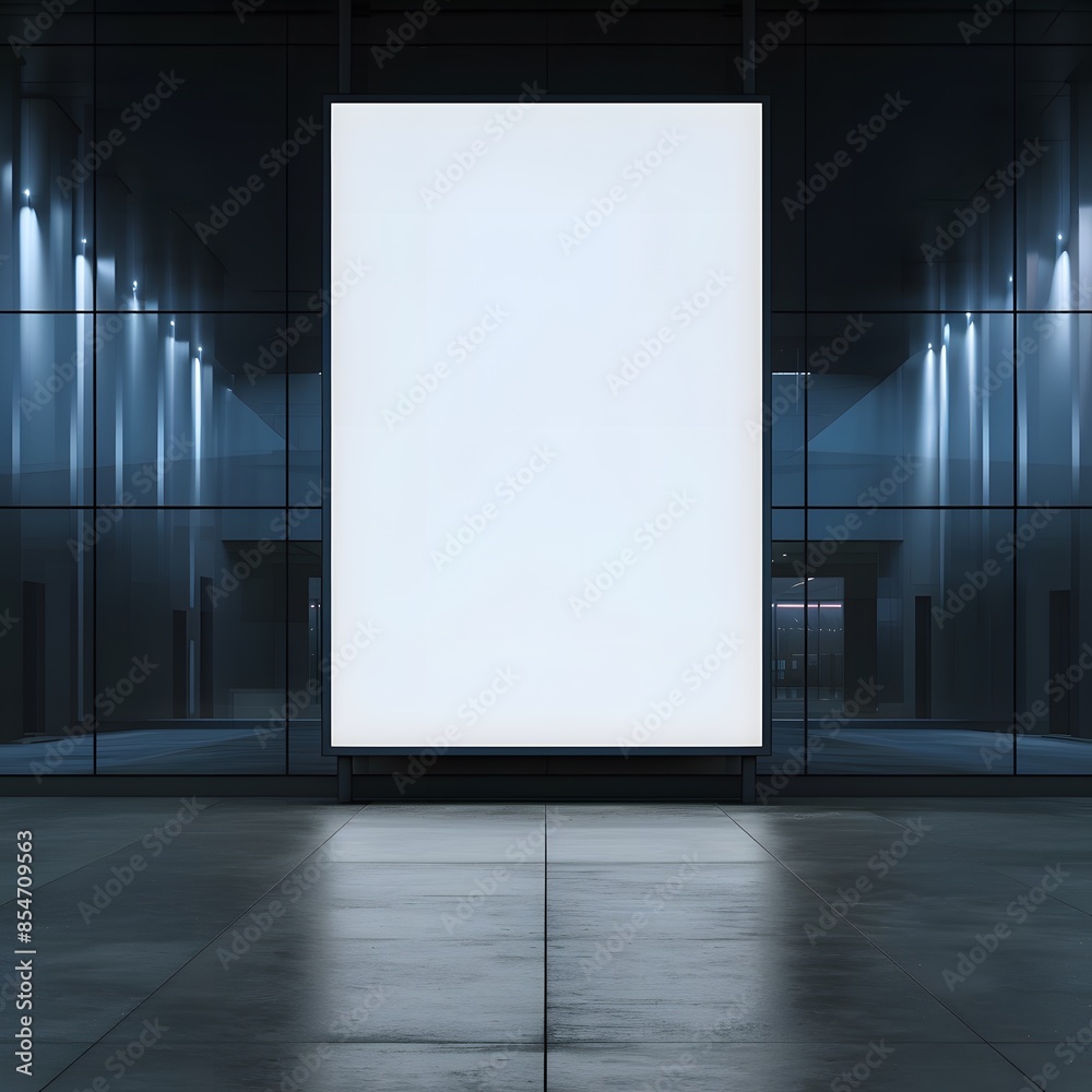 Blank white billboard in a modern building with glass facade and blue lighting, perfect for advertisements. Blank white billboard in a modern building with glass facade and blue lighting, perfect for advertisements.