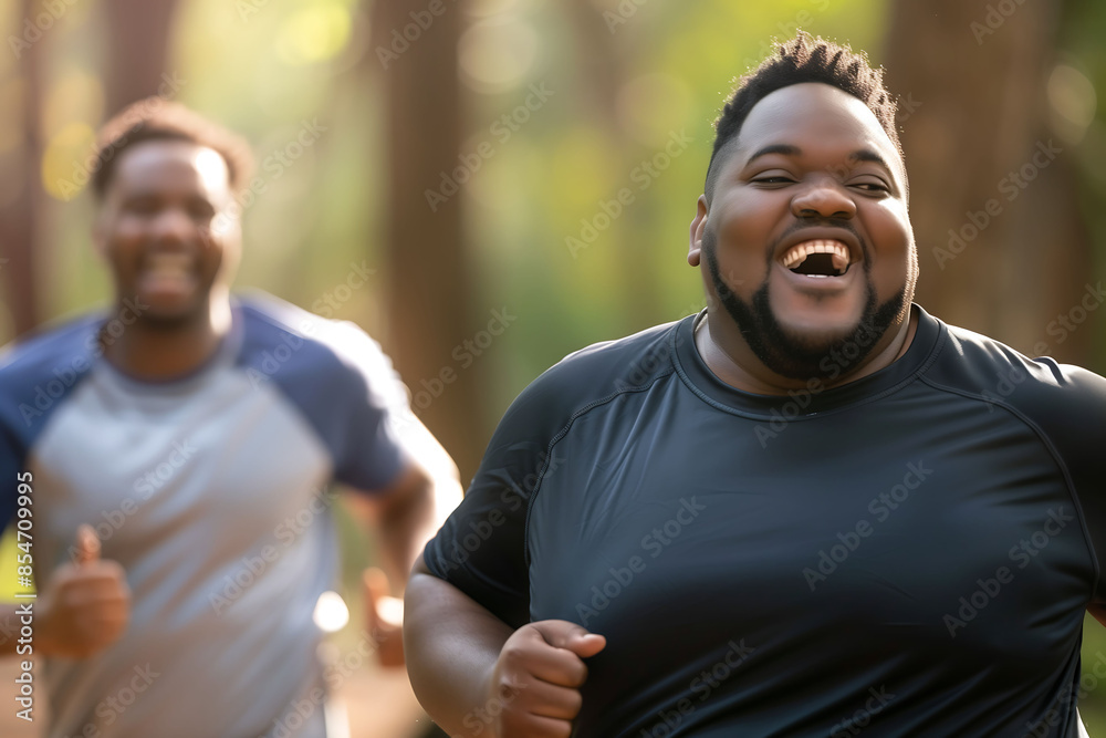Two joyful men running together in a sunlit park, enjoying a morning exercise Two joyful men running together in a sunlit park, enjoying a morning exercise