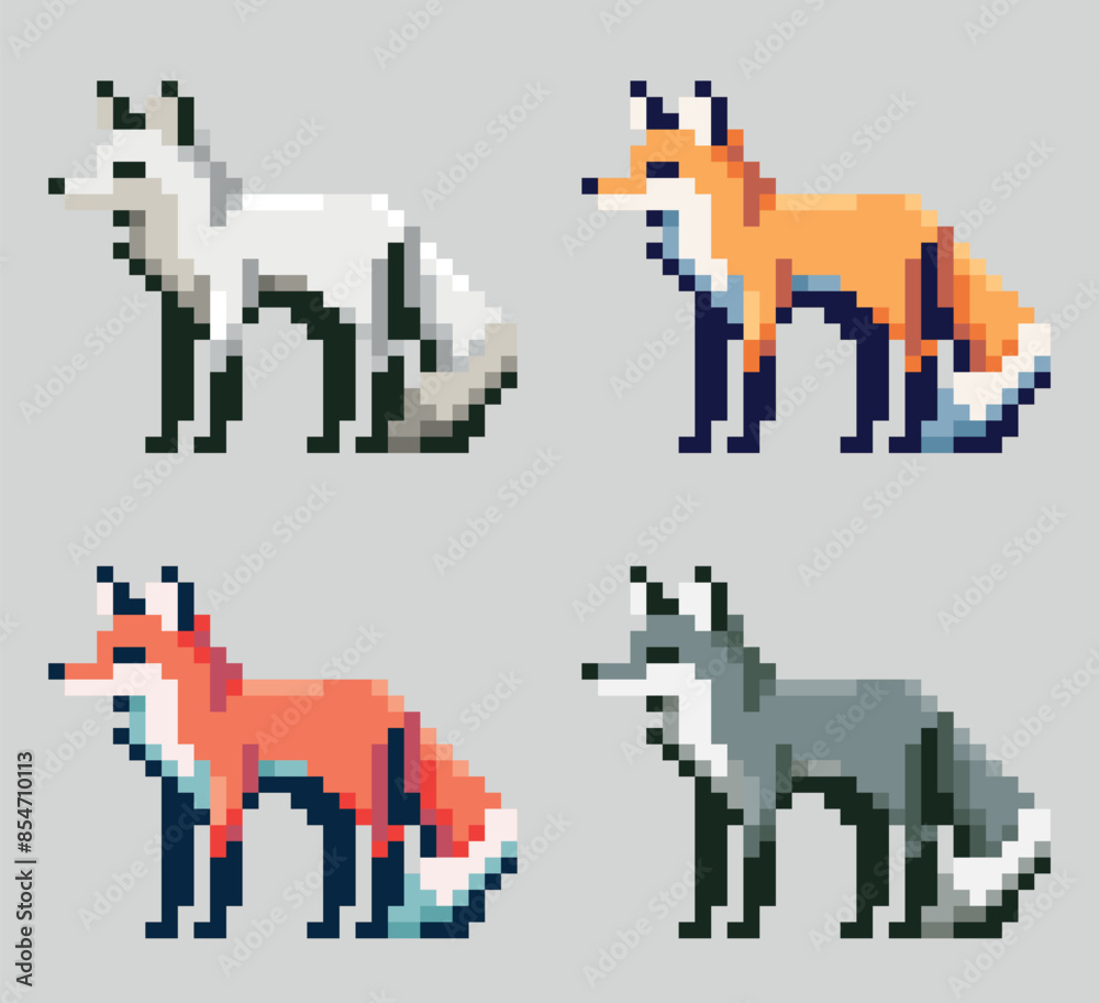 Fototapeta premium fox set tiny pixel art cartoon character set pixel art style vector illustration various patterns and colors