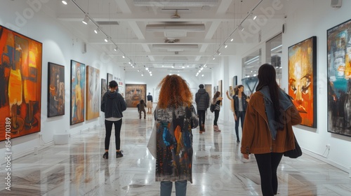 A vibrant art gallery with people admiring paintings, sculptures, and contemporary artworks, capturing the essence of creativity