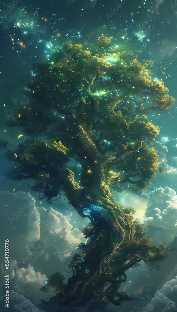 Fototapeta premium A visually captivating depiction of the Tree of Life rendered in a dreamlike, intricate guilloché style. Vibrant symbolism interwoven with artistic elegance captivates the viewer’s imagination.