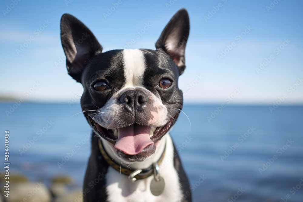 Portrait of a smiling boston terrier over calm bay background Portrait of a smiling boston terrier over calm bay background
