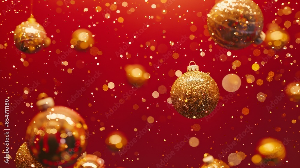 Glittering Gold Christmas Ornaments with Red Background, Generative AI Glittering Gold Christmas Ornaments with Red Background, Generative AI