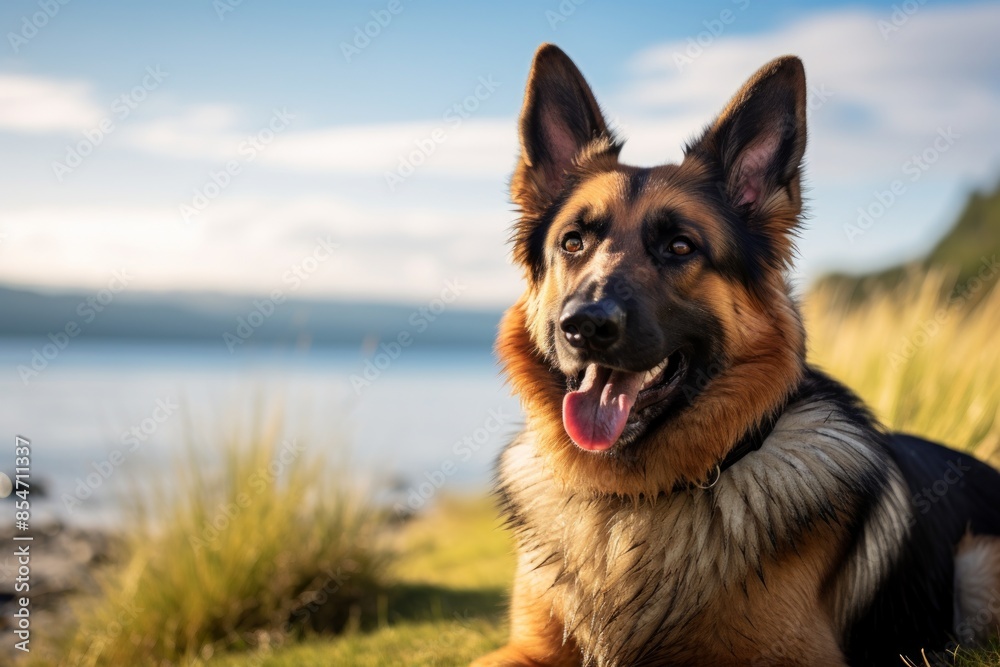 Portrait of a happy german shepherd in front of calm bay background Portrait of a happy german shepherd in front of calm bay background