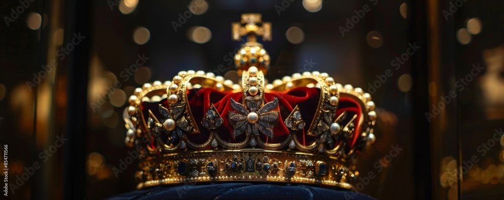 A traditional royal gold crown with a tall and imposing silhouette, symbolizing power and authority A traditional royal gold crown with a tall and imposing silhouette, symbolizing power and authority