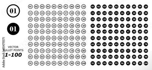 bullet numbers or points from 1 to 100 vector set (solid fill). digital bullet points for infographic, website, countdown, chart etc use.