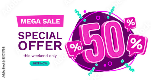 50 percent Special offer mega sale, Check and gift box. Sale banner and poster. Vector illustration.