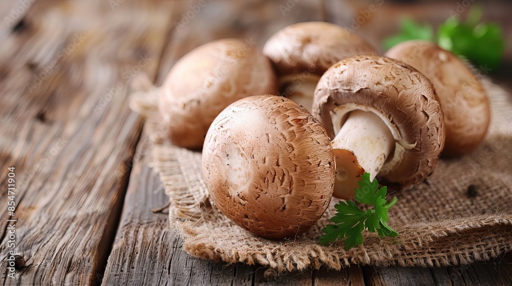 Fresh Brown Mushrooms on Rustic Wooden Table with Burlap Fresh Brown Mushrooms on Rustic Wooden Table with Burlap
