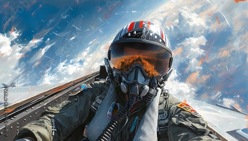 A striking image of a fighter pilot maneuvering an F-16 through the skies, rendered in the vibrant, bold style of a comic book. The scene captures the intensity and thrill of aerial combat.