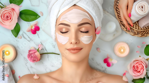 Relaxed woman enjoying a luxurious spa treatment with flowers and candles on a marble background