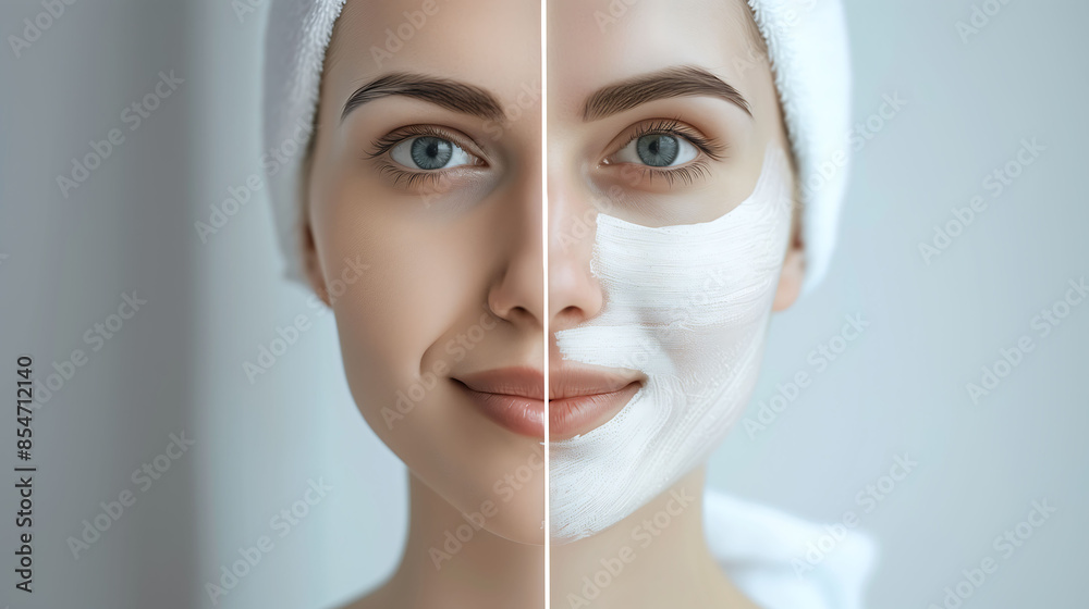 Woman with Facial Cream Showing Before and After Treatment Results Woman with Facial Cream Showing Before and After Treatment Results