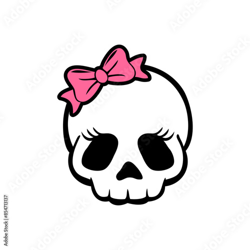 Calavera de mujer. Logo de calavera humana femenina con nudo de lazo para invitaciones y tarjetas de Halloween