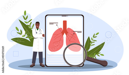 Diagnostic research lungs concept. Man in medical uniform with stethoscope and magnifying glass studies respiratory system. Treatment and diagnosis. Cartoon flat vector illustration
