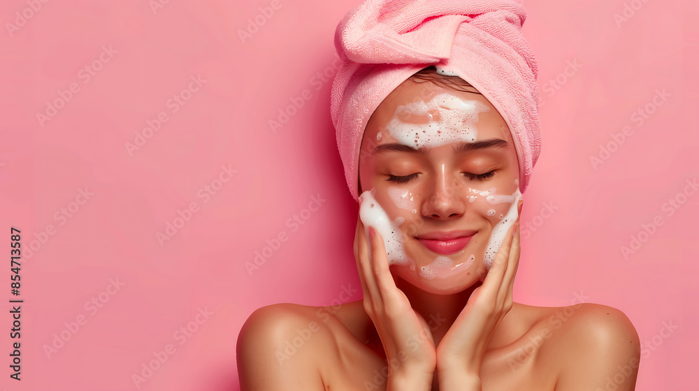 Smiling Woman with Pink Towel Turban Washing and Cleaning Her Face on Pink Background Smiling Woman with Pink Towel Turban Washing and Cleaning Her Face on Pink Background