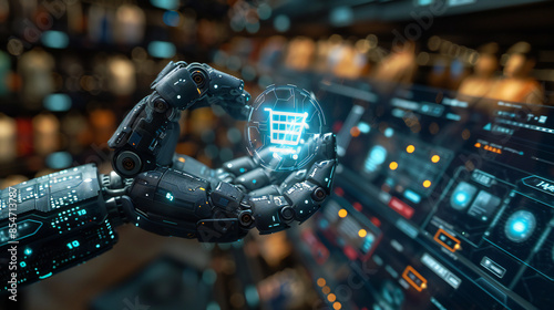 E-commerce: Innovating Concept, Businessman Uses Tablet on E-commerce Icon Global Networking, Analyzing Data Trends, Market Insights, Developing Smart Solutions from Digital Technology.........