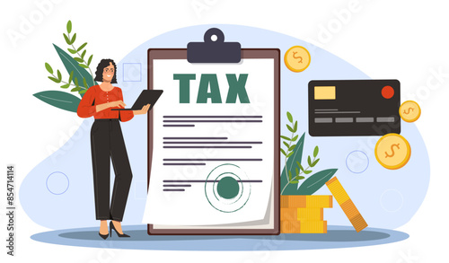 Insurance financial charge. Woman near insurance policy and contract. Payment and charge, expenses. Profit and taxation. Cartoon flat vector illustration isolated on white background