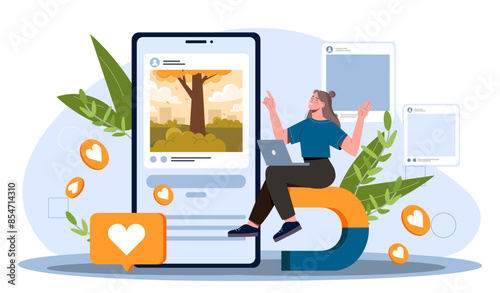 Magnet attracts likes. Woman sits by smartphone with posts on social networks. Promoting interesting content on Internet. SMM specialist. Cartoon flat vector illustration isolated on white background