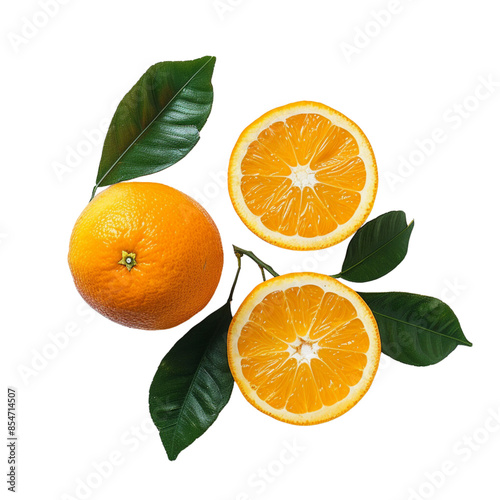 3 oranges with leaves on a white background, one orange cut in half, in the style of hyper realistic photography