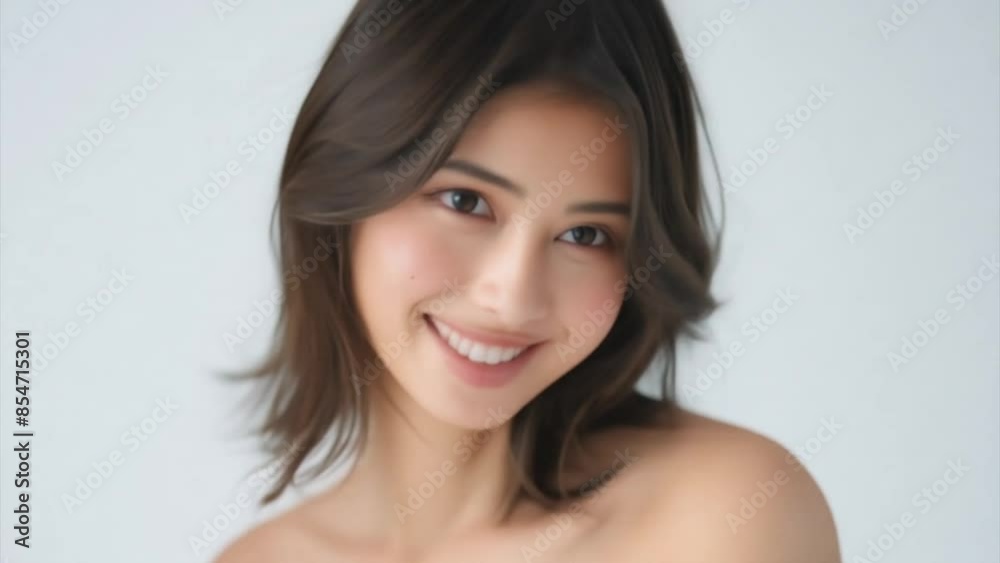 Smiling Japanese woman with long dark hair in a close-up portrait, isolated on a white background. Smiling Japanese woman with long dark hair in a close-up portrait, isolated on a white background.