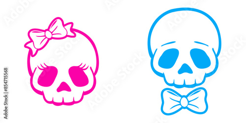 Calaveras de hombre y mujer. Logo de calavera humana masculina con corbata de lazo y femenina con nudo de lazo para Halloween