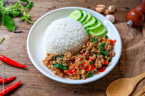 Canvastavla Rice topped with stir fried Thai basil with minced pork , pad ka praow moo sap,T