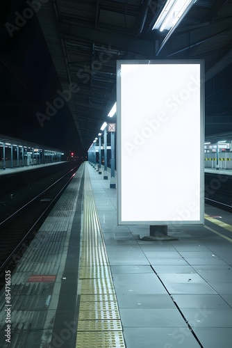 Empty subway station platform with illuminated blank billboard at night, perfect for advertising concepts and urban transportation themes.