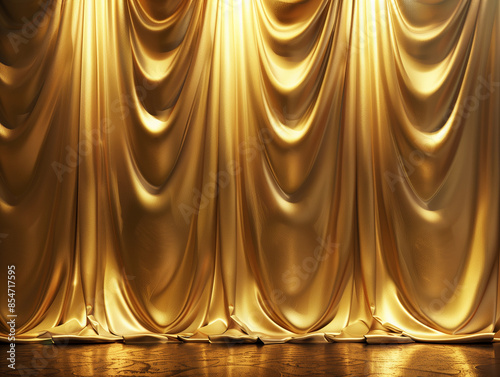 Lux stage show shiny gold fancy drapes backdrop royal party photo booth empty theatre metallic draping background theatrical grand Victorian Edwardian Elizabethan regal Hollywood wedding mock-up