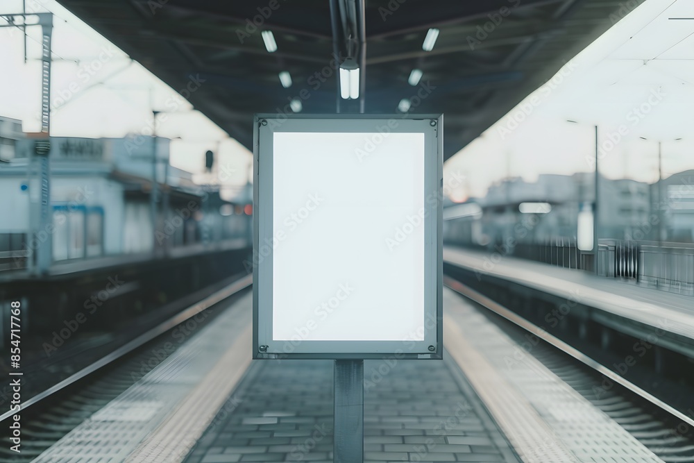 Empty train station platform with blank billboard for advertisement during daytime, featuring rails and urban structures in the background. Empty train station platform with blank billboard for advertisement during daytime, featuring rails and urban structures in the background.
