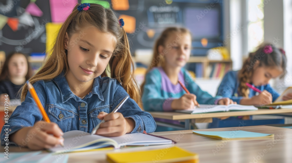 Young girls engaged in classroom learning, writing in notebooks, primary school students focused on education Young girls engaged in classroom learning, writing in notebooks, primary school students focused on education