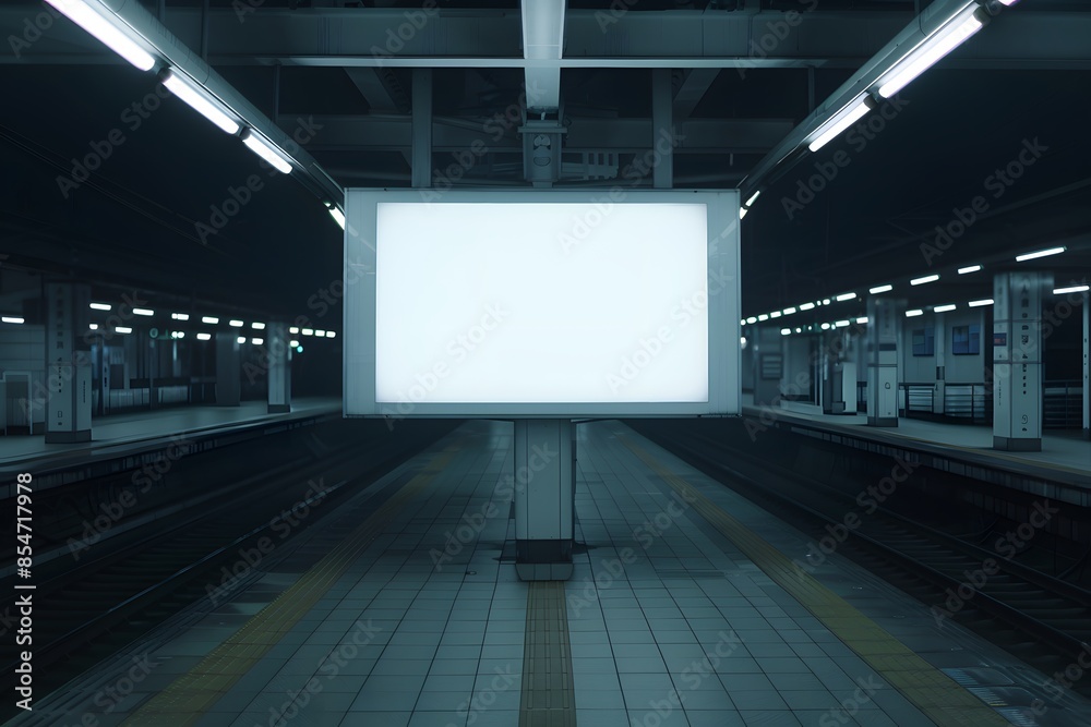 Empty underground platform with a bright illuminated billboard in the center, surrounded by dim lights and dark surroundings. Empty underground platform with a bright illuminated billboard in the center, surrounded by dim lights and dark surroundings.