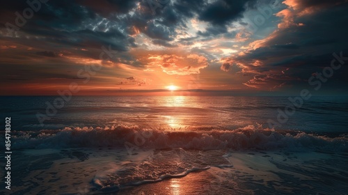 Scenic sunset over the ocean with dark clouds