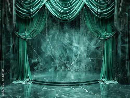 Lux stage show dark green drapes backdrop royal party photobooth empty theatre fabric draping wedding background theatrical grand Victorian Edwardian Elizabethan regal spotlight Hollywood mock up photo