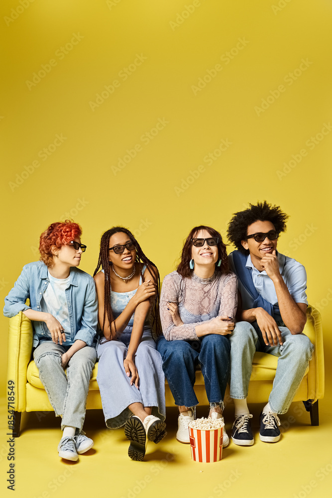 Fototapeta premium Multicultural group in stylish attire relaxes on a vibrant yellow couch in a studio setting.