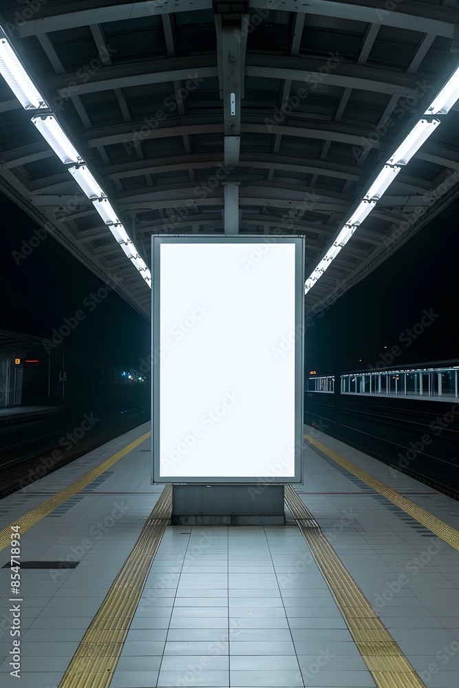 Illuminated Billboard on Train Platform at Night Illuminated Billboard on Train Platform at Night