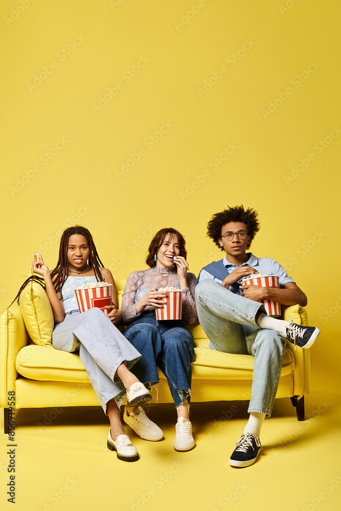 Fototapeta premium A diverse group of young friends, including a nonbinary person, sitting comfortably on a vibrant yellow couch in a stylish setting.