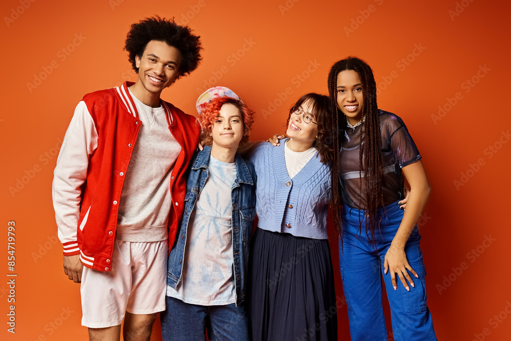 Multicultural friends, including a nonbinary individual, stand together in trendy attire in a studio setting. Multicultural friends, including a nonbinary individual, stand together in trendy attire in a studio setting.