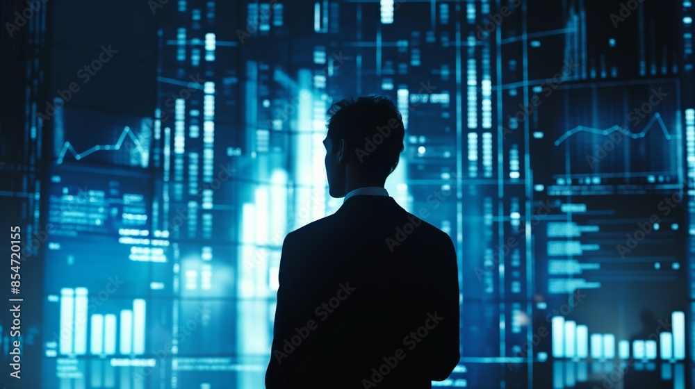 Businessman stands at multiple big hologram screen glowing stock trading futures business data candle chart graph analysis back of Caucasian male in suit office at night Businessman stands at multiple big hologram screen glowing stock trading futures business data candle chart graph analysis back of Caucasian male in suit office at night