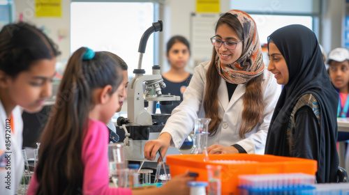 Wallpaper Mural Female science instructor teaching diverse students in modern laboratory with microscope and lab equipment Torontodigital.ca