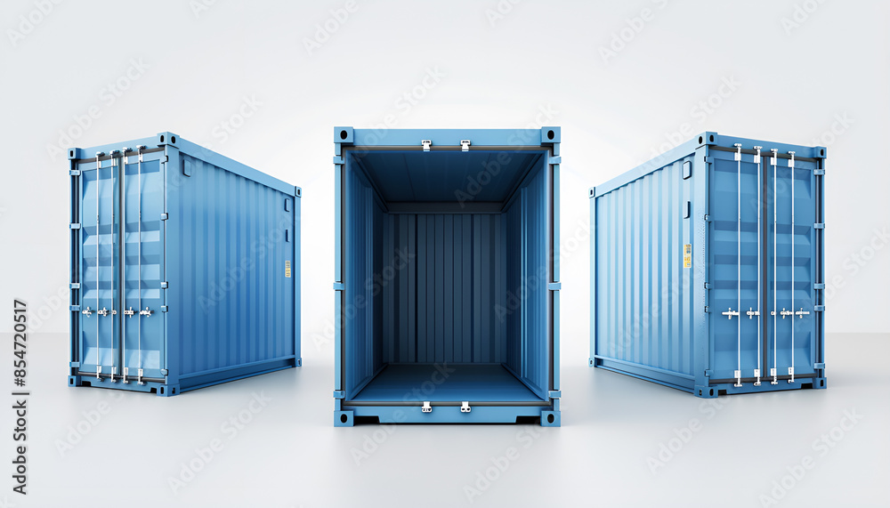 set of open and closed blue metal cargo containers, shown from front and side views set of open and closed blue metal cargo containers, shown from front and side views