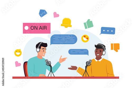 Two podcasters in a lively discussion, each equipped with a headset and microphone. The background features social media icons such as likes, dislikes, chat bubbles, and emoji. 