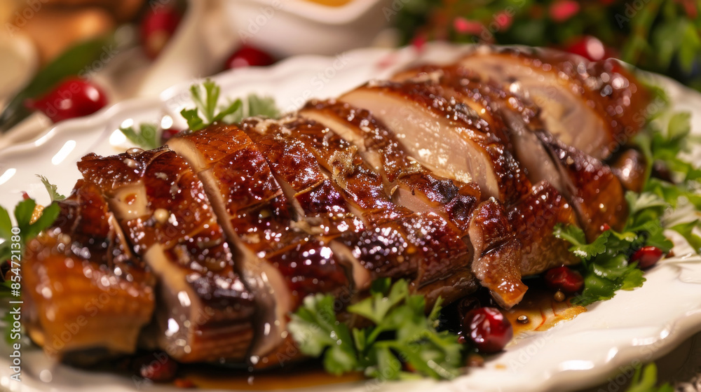 Duck, baked, sliced. A traditional and delicious Asian dish. The meat is juicy and tender in appearance. Duck, baked, sliced. A traditional and delicious Asian dish. The meat is juicy and tender in appearance.