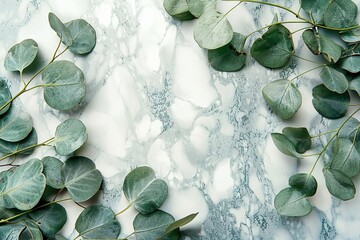 top view border frame with eucalyptus leaves on marble background with copy space