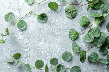 top view border frame with eucalyptus leaves and water drops on light gray background with copy space