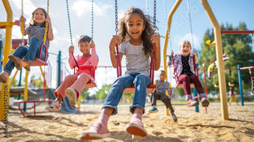 Diverse group of children playing on swings at a colorful playground on a sunny day