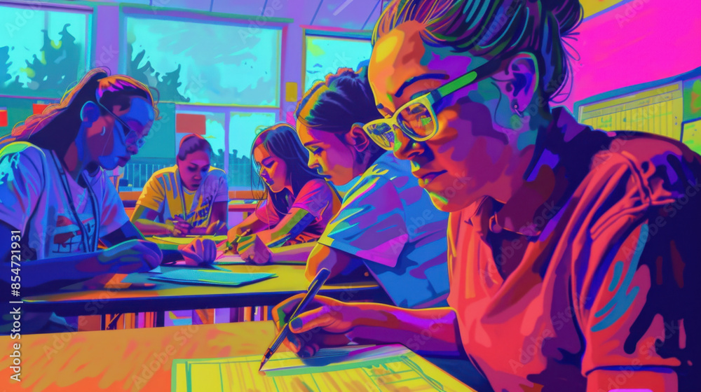 Obraz premium Vibrant digital artwork of diverse students concentrating on assignments in a colorful classroom setting