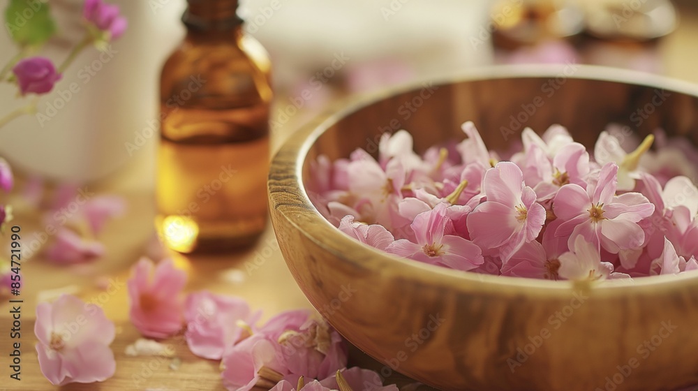 White cherry flowers in wood bowl SPA preparation oil massage aromatherapy relax therapy wood table White cherry flowers in wood bowl SPA preparation oil massage aromatherapy relax therapy wood table