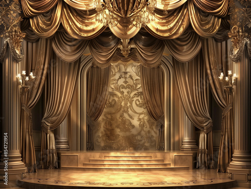 Regal stage show printed gold drapes opulent backdrop royal party photobooth empty theatre fabric draping background English royal theatrical grand lux victorian edwardian movie blank opera play